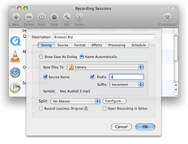WireTap Recording Sessions Saving Tab